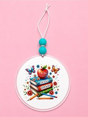 Teacher Appreciation Round Hanging Car Ornament - Teal & Multicolor 4in